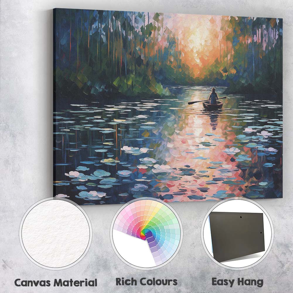 Colourful Forest River Boat Sunset Contemporary Impressionist Canvas Wall Art Print Decor Picture Ready to Hang