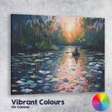 Colourful Forest River Boat Sunset Contemporary Impressionist Canvas Wall Art Print Decor Picture Ready to Hang