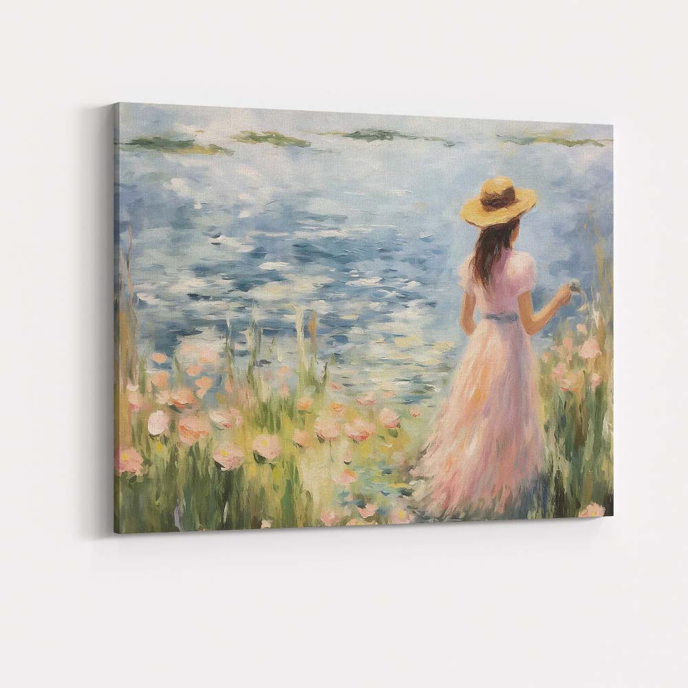 Impressionist Woman in Pink Dress Lakeside Wildflowers Canvas Wall Art Print Decor Picture Ready to Hang