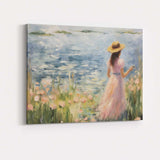 Impressionist Woman in Pink Dress Lakeside Wildflowers Canvas Wall Art Print Decor Picture Ready to Hang