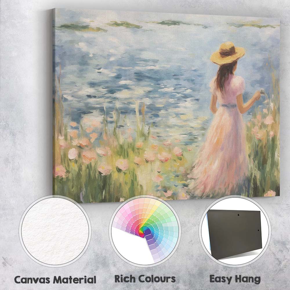 Impressionist Woman in Pink Dress Lakeside Wildflowers Canvas Wall Art Print Decor Picture Ready to Hang