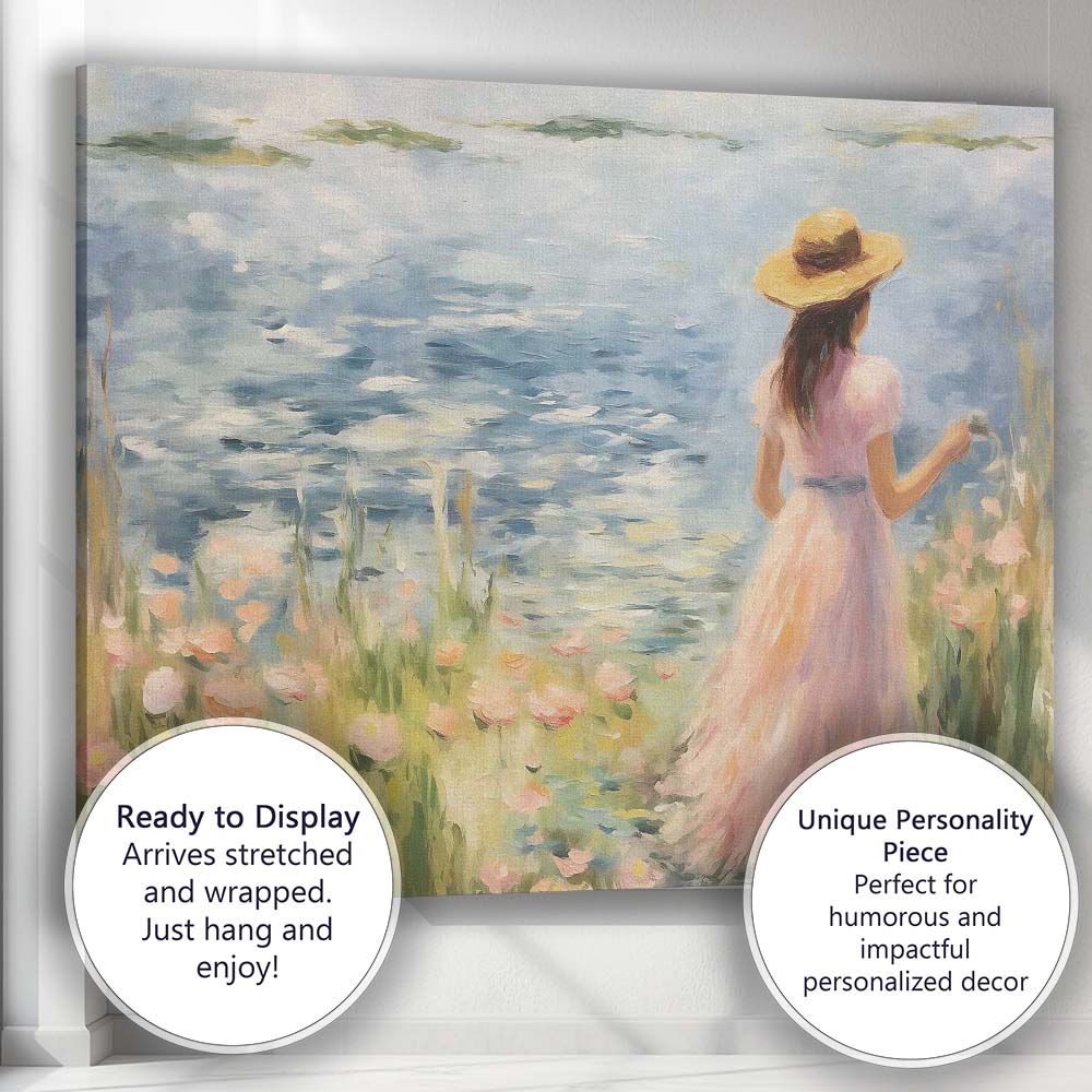 Impressionist Woman in Pink Dress Lakeside Wildflowers Canvas Wall Art Print Decor Picture Ready to Hang
