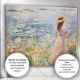 Impressionist Woman in Pink Dress Lakeside Wildflowers Canvas Wall Art Print Decor Picture Ready to Hang