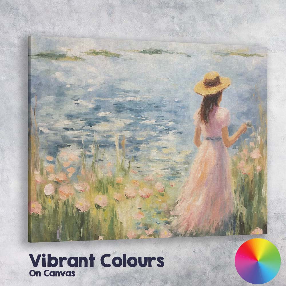 Impressionist Woman in Pink Dress Lakeside Wildflowers Canvas Wall Art Print Decor Picture Ready to Hang