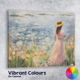 Impressionist Woman in Pink Dress Lakeside Wildflowers Canvas Wall Art Print Decor Picture Ready to Hang