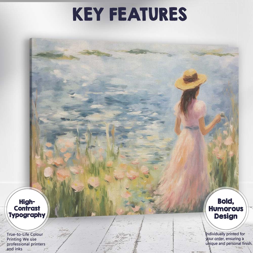 Impressionist Woman in Pink Dress Lakeside Wildflowers Canvas Wall Art Print Decor Picture Ready to Hang