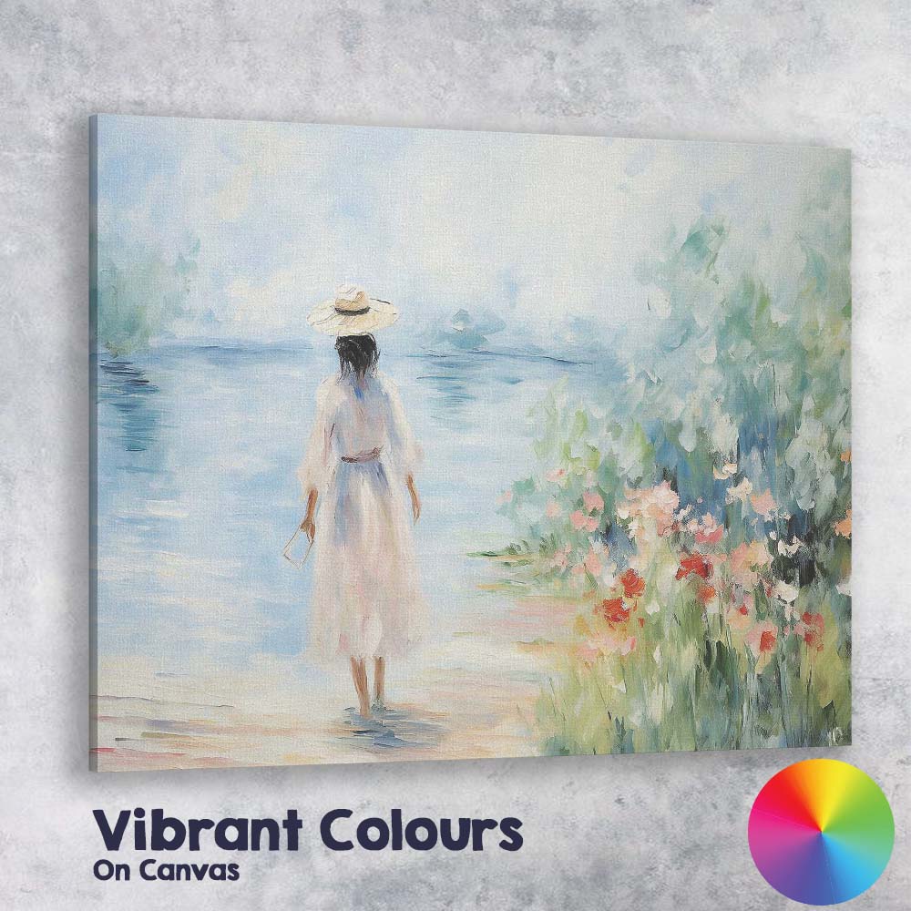 Serene Woman Walking Along Waters Edge Impressionist Canvas Wall Art Print Decor Picture Ready to Hang