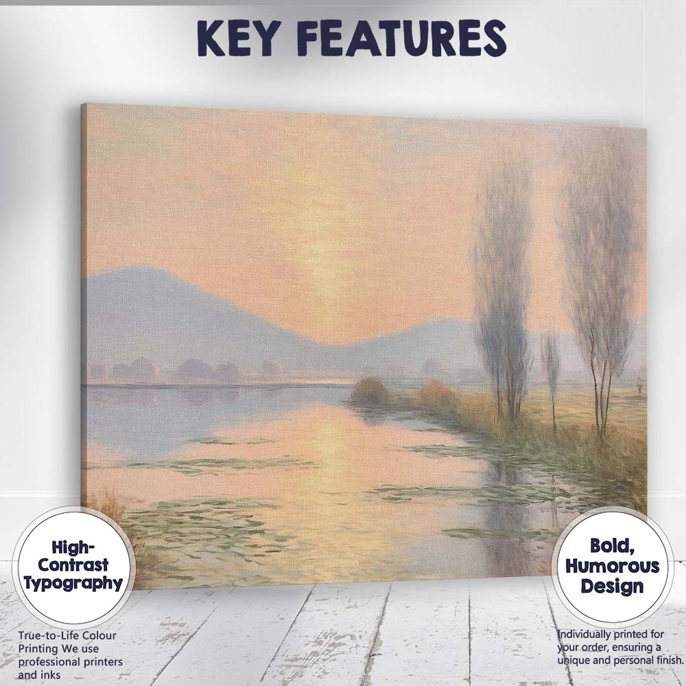 Golden Sunset Lake Reflection Peaceful Impressionist Landscape Canvas Wall Art Print Decor Picture Ready to Hang