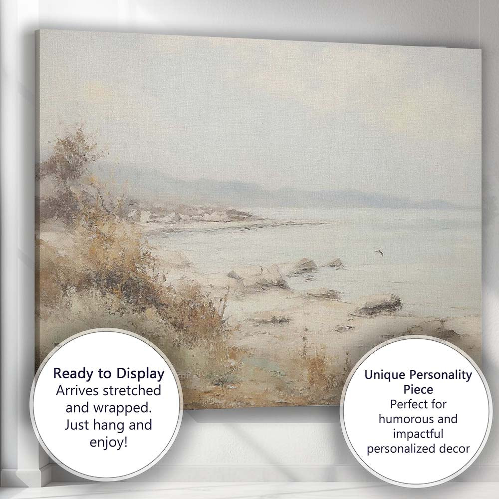 Minimalist Rocky Coastal Shore Soft Neutral Seascape Canvas Wall Art Print Decor Picture Ready to Hang
