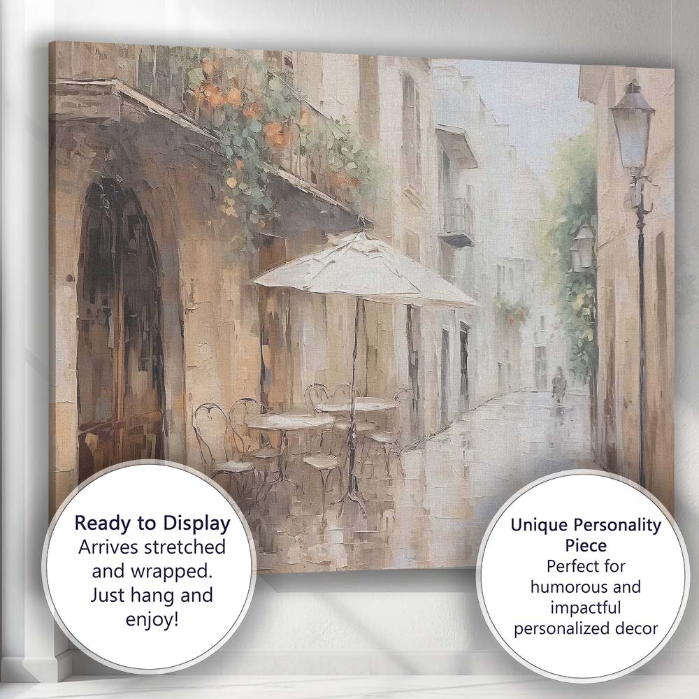 Impressionist European Old Town Cafe Street Rainy Day Canvas Wall Art Print Decor Picture Ready to Hang