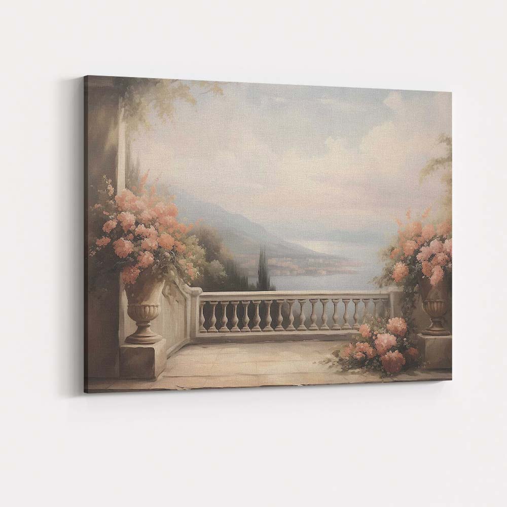 Elegant Floral Balcony Overlooking Tranquil Lake View Canvas Wall Art Print Decor Picture Ready to Hang