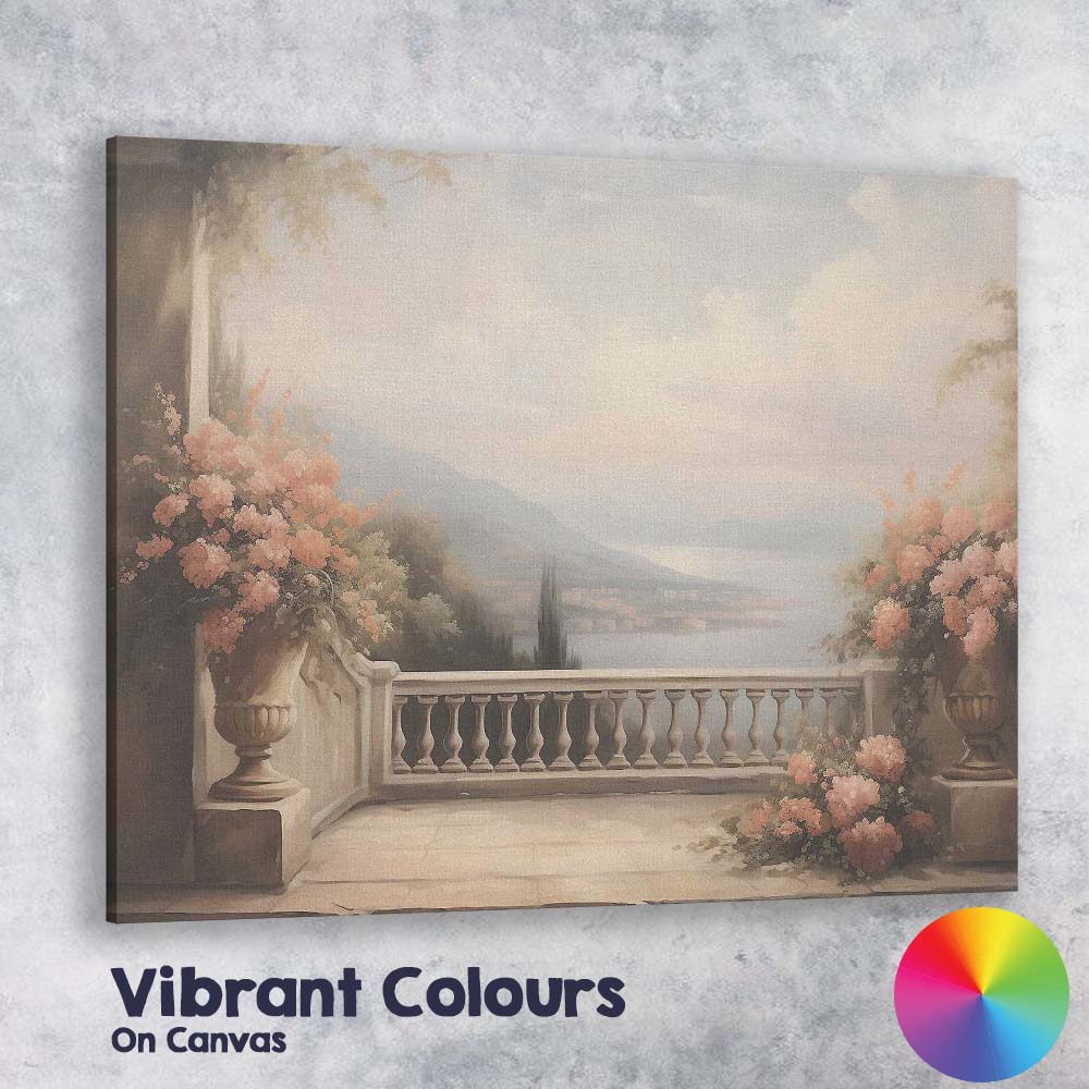 Elegant Floral Balcony Overlooking Tranquil Lake View Canvas Wall Art Print Decor Picture Ready to Hang