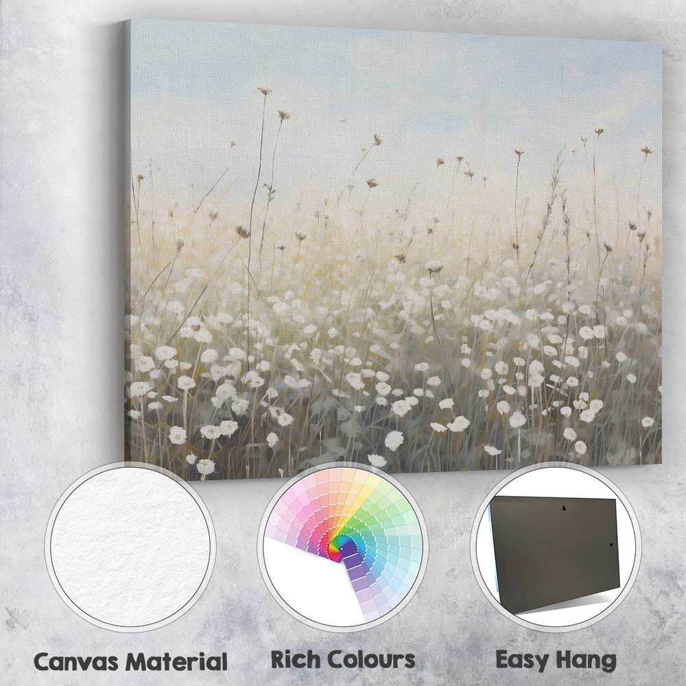 Ethereal White Wildflower Meadow Soft Neutral Landscape Canvas Wall Art Print Decor Picture Ready to Hang