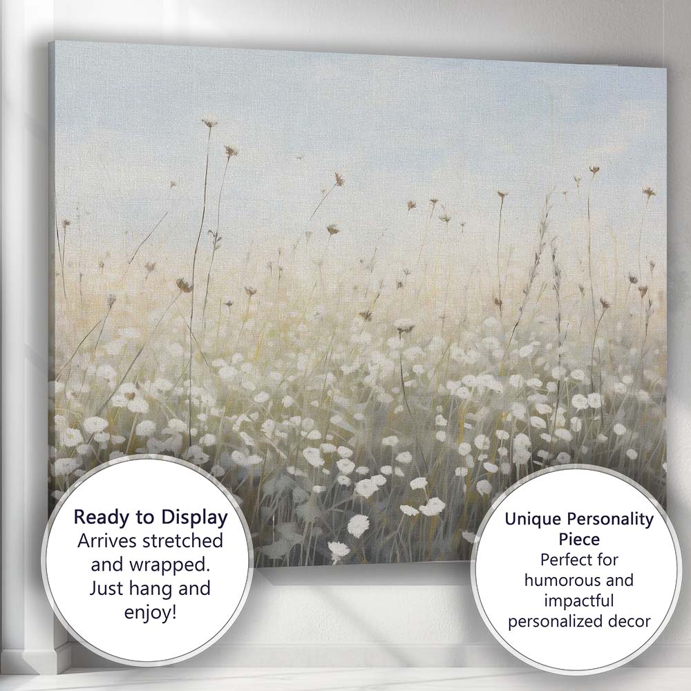 Ethereal White Wildflower Meadow Soft Neutral Landscape Canvas Wall Art Print Decor Picture Ready to Hang