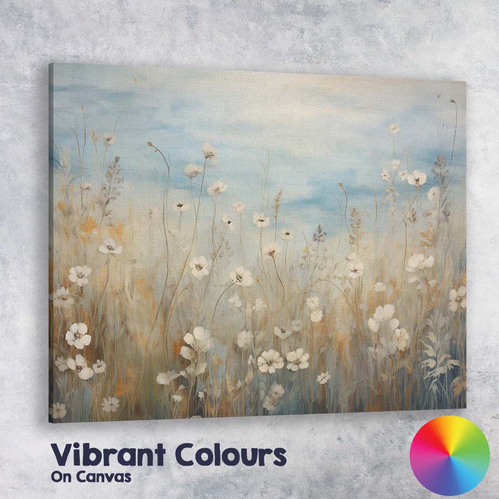 Soft White Meadow Flowers Blue Sky Botanical Landscape Canvas Wall Art Print Decor Picture Ready to Hang