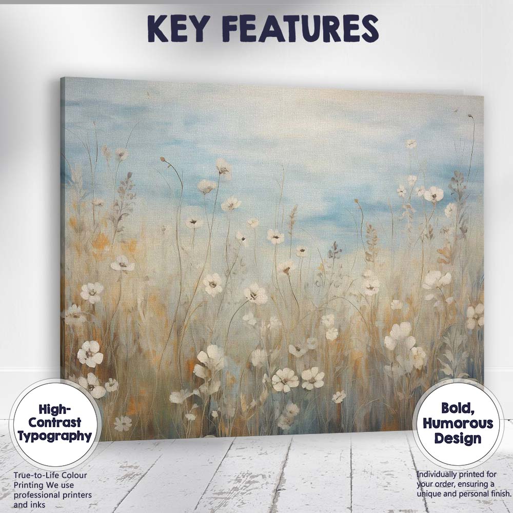 Soft White Meadow Flowers Blue Sky Botanical Landscape Canvas Wall Art Print Decor Picture Ready to Hang