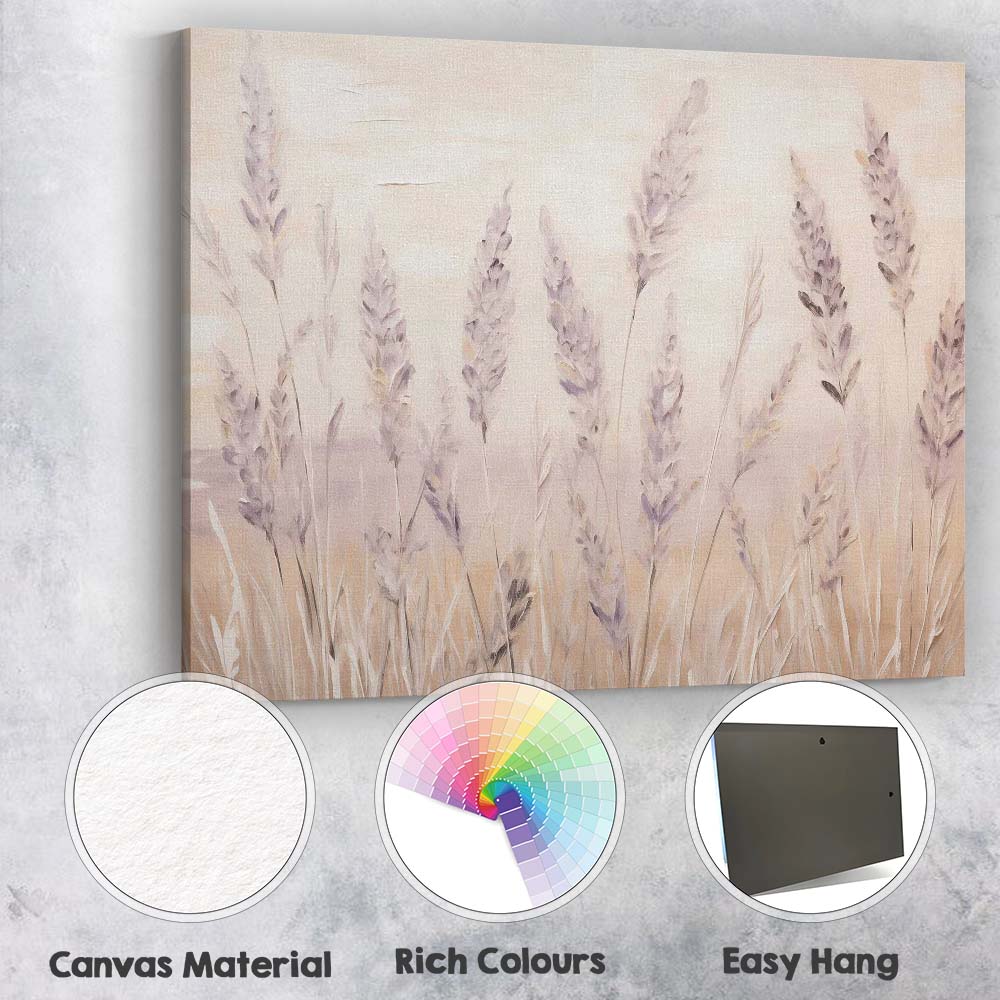 Neutral Beige Lavender Wildflower Botanical Meadow Painting Canvas Wall Art Print Decor Picture Ready to Hang