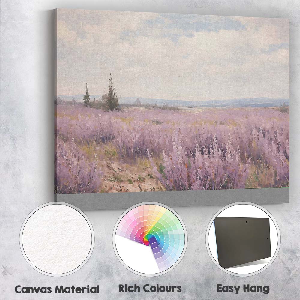 Soft Lilac Heather Field Misty Countryside Landscape Canvas Wall Art Print Decor Picture Ready to Hang