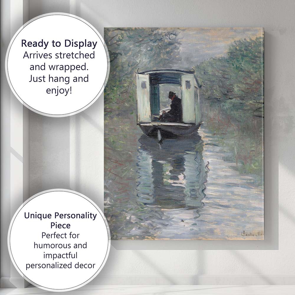 Impressionist Woman Reading On Canal Boat Riverside Scene Canvas Wall Art Print Decor Picture Ready to Hang