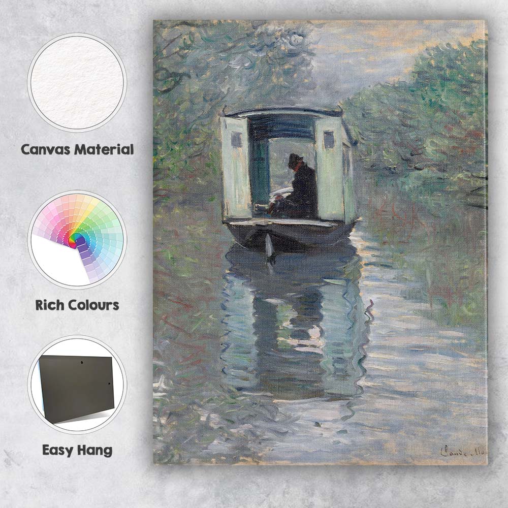 Impressionist Woman Reading On Canal Boat Riverside Scene Canvas Wall Art Print Decor Picture Ready to Hang