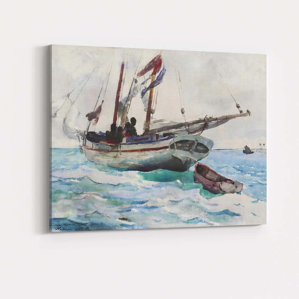 Traditional Fishing Boat Calm Blue Sea Watercolour Canvas Wall Art Print Decor Picture Ready to Hang