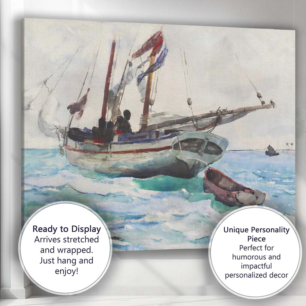 Traditional Fishing Boat Calm Blue Sea Watercolour Canvas Wall Art Print Decor Picture Ready to Hang