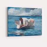 Watercolour Fisherman In Rowboat Tropical Lagoon Scene Canvas Wall Art Print Decor Picture Ready to Hang
