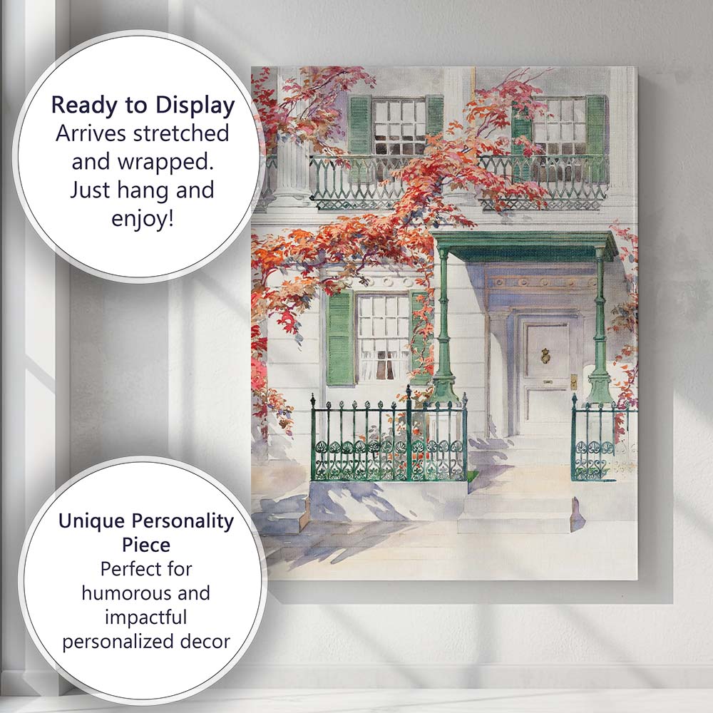Elegant White Georgian House Autumn Climbing Ivy Watercolour Canvas Wall Art Print Decor Picture Ready to Hang