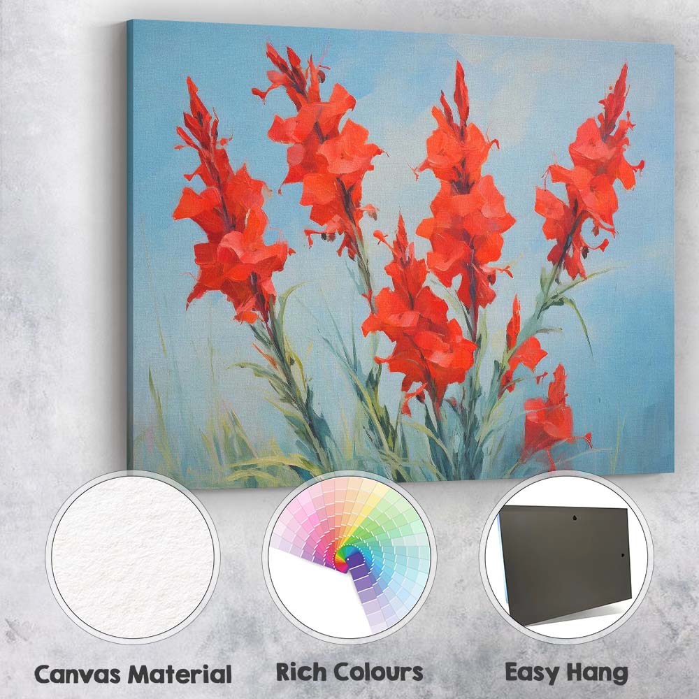 Vibrant Red Gladiolus Floral Bouquet Contemporary Painting Canvas Wall Art Print Decor Picture Ready to Hang