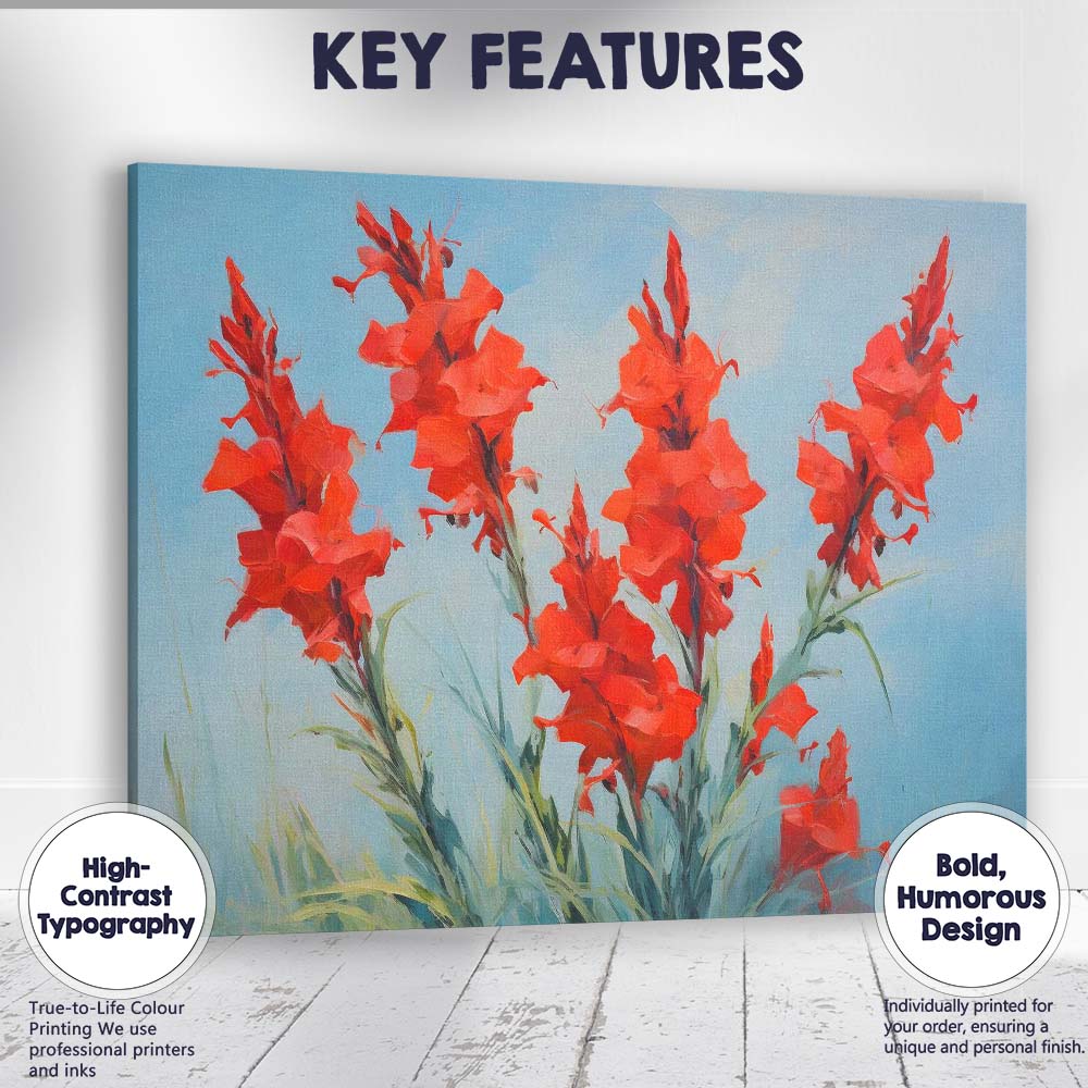 Vibrant Red Gladiolus Floral Bouquet Contemporary Painting Canvas Wall Art Print Decor Picture Ready to Hang