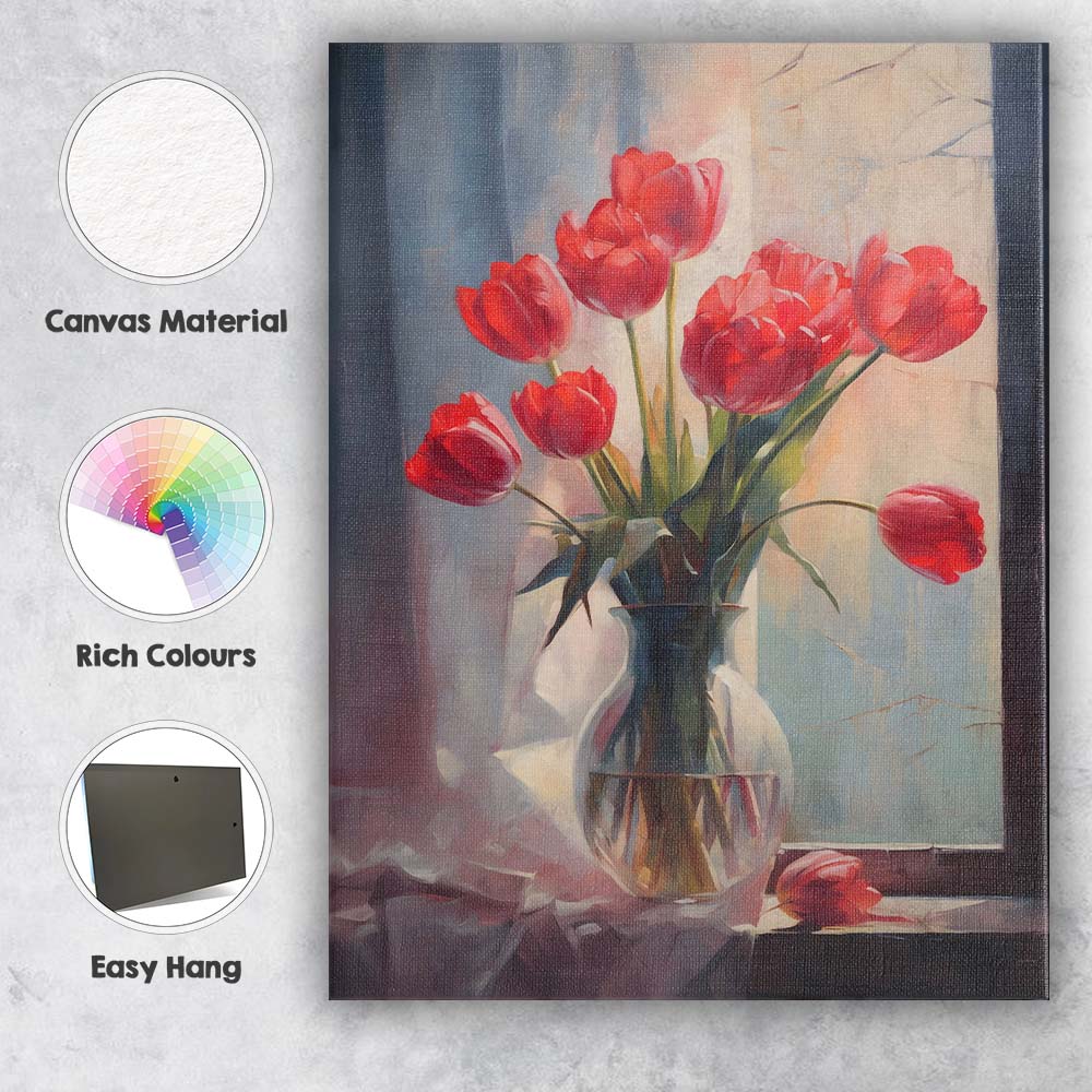Bright Red Tulip Bouquet Sunlit Window Still Life Canvas Wall Art Print Decor Picture Ready to Hang