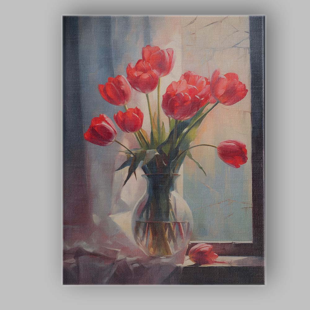 Bright Red Tulip Bouquet Sunlit Window Still Life Canvas Wall Art Print Decor Picture Ready to Hang