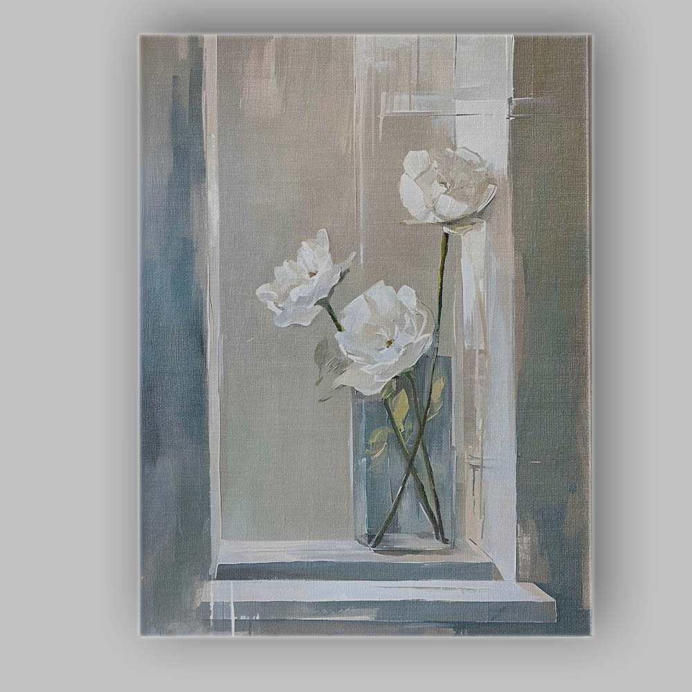 Elegant White Rose Floral Arrangement Minimalist Painting Canvas Wall Art Print Decor Picture Ready to Hang