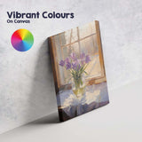 Purple Crocus Bouquet Rustic Window Still Life Painting Canvas Wall Art Print Decor Picture Ready to Hang