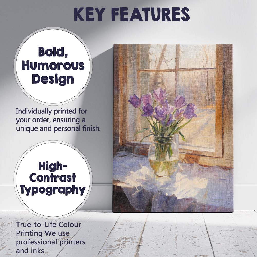 Purple Crocus Bouquet Rustic Window Still Life Painting Canvas Wall Art Print Decor Picture Ready to Hang