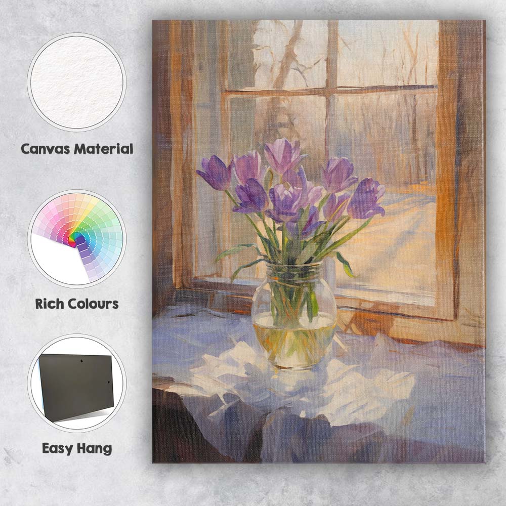 Purple Crocus Bouquet Rustic Window Still Life Painting Canvas Wall Art Print Decor Picture Ready to Hang