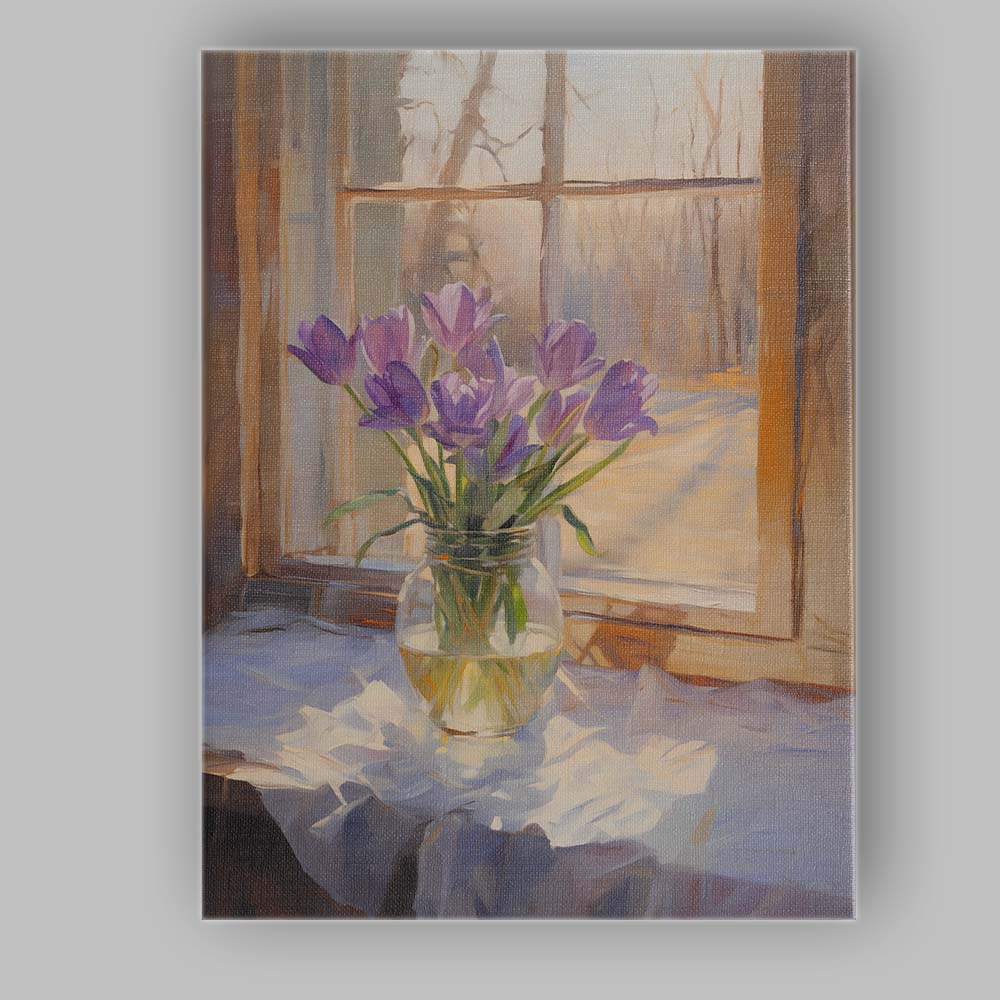 Purple Crocus Bouquet Rustic Window Still Life Painting Canvas Wall Art Print Decor Picture Ready to Hang