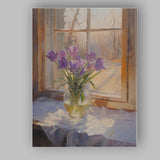 Purple Crocus Bouquet Rustic Window Still Life Painting Canvas Wall Art Print Decor Picture Ready to Hang