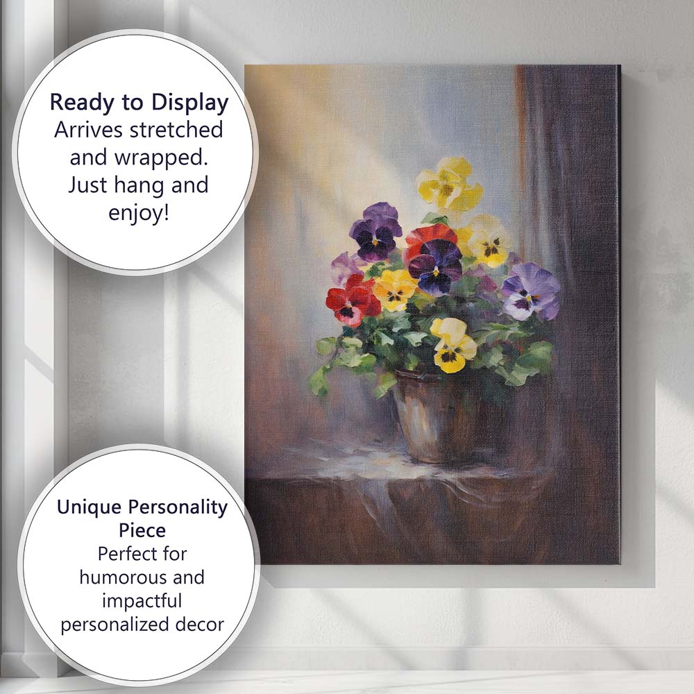 Vibrant Multicoloured Pansy Flower Pot Botanical Painting Canvas Wall Art Print Decor Picture Ready to Hang
