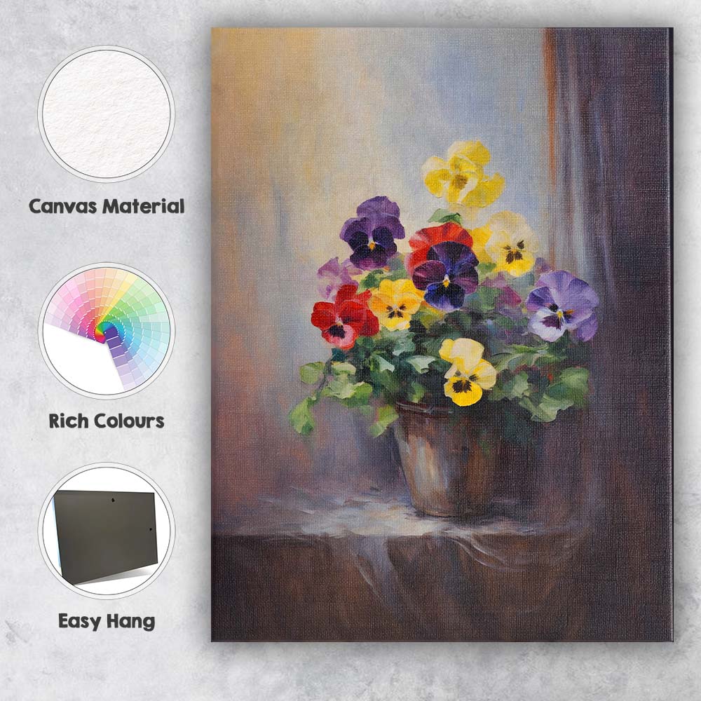 Vibrant Multicoloured Pansy Flower Pot Botanical Painting Canvas Wall Art Print Decor Picture Ready to Hang