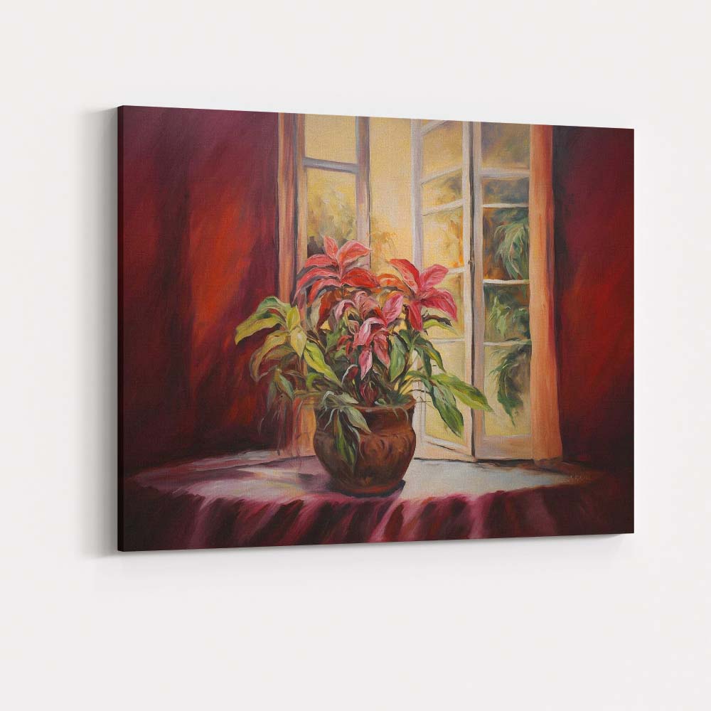 Pink Tropical Houseplant By Open Window Interior Painting Canvas Wall Art Print Decor Picture Ready to Hang