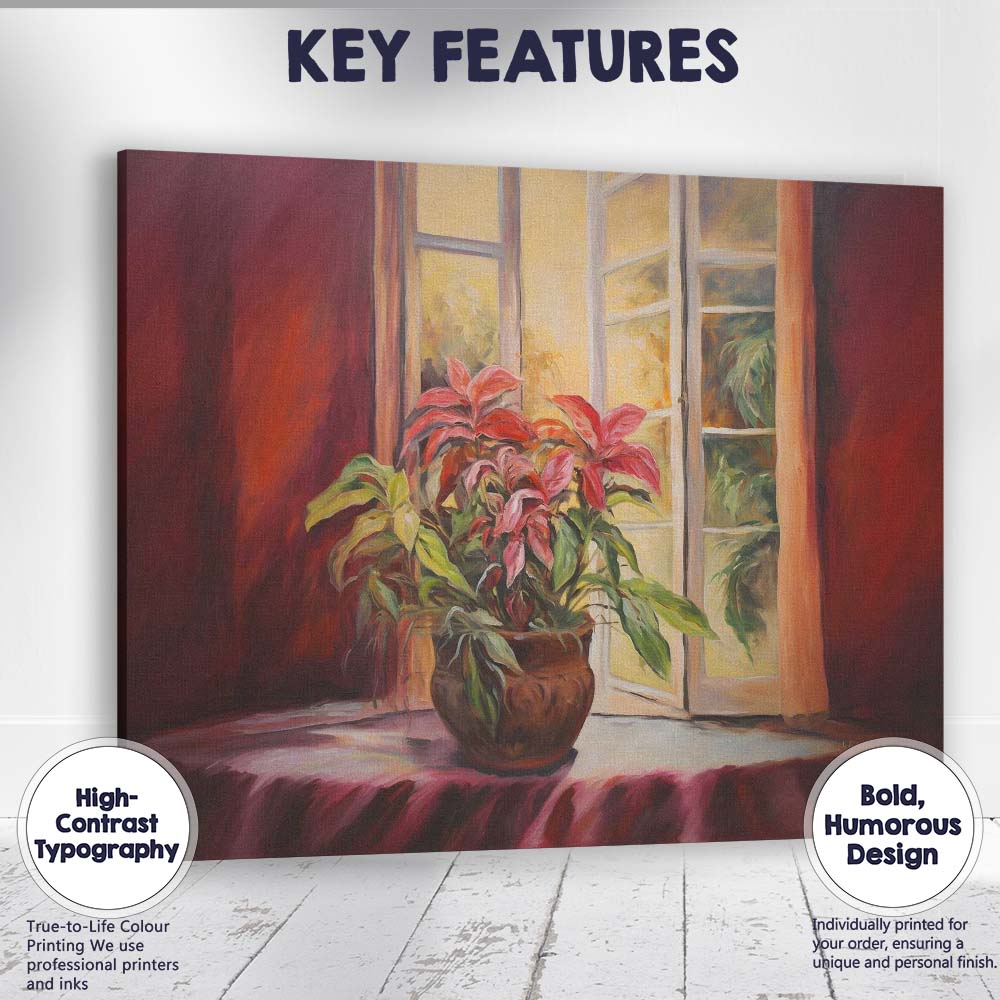 Pink Tropical Houseplant By Open Window Interior Painting Canvas Wall Art Print Decor Picture Ready to Hang