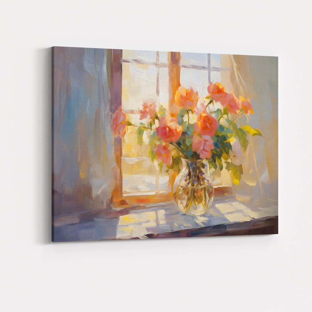 Soft Peach Rose Bouquet Sunlit Window Floral Painting Canvas Wall Art Print Decor Picture Ready to Hang