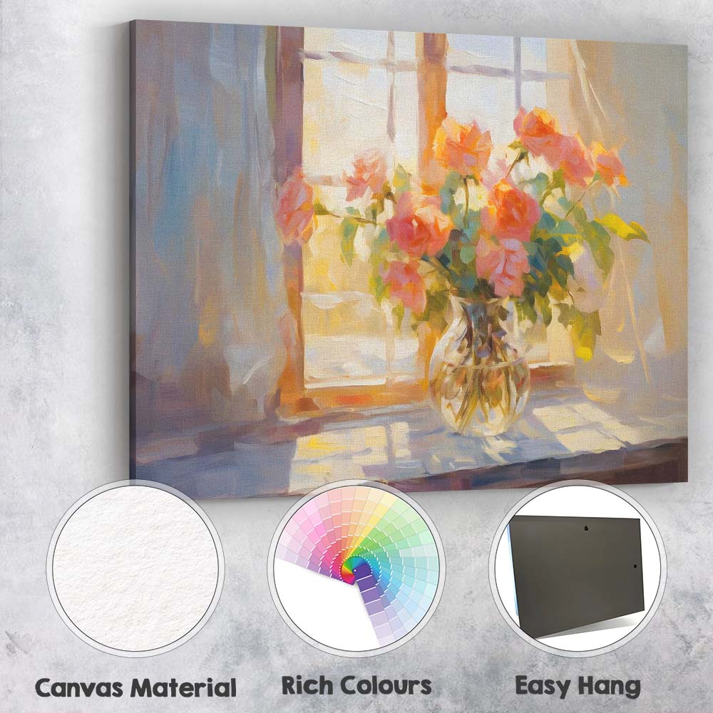 Soft Peach Rose Bouquet Sunlit Window Floral Painting Canvas Wall Art Print Decor Picture Ready to Hang