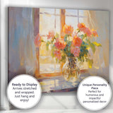 Soft Peach Rose Bouquet Sunlit Window Floral Painting Canvas Wall Art Print Decor Picture Ready to Hang