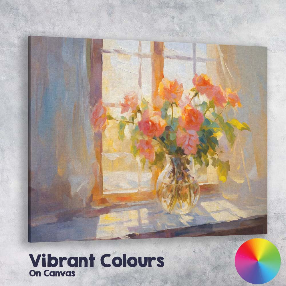 Soft Peach Rose Bouquet Sunlit Window Floral Painting Canvas Wall Art Print Decor Picture Ready to Hang