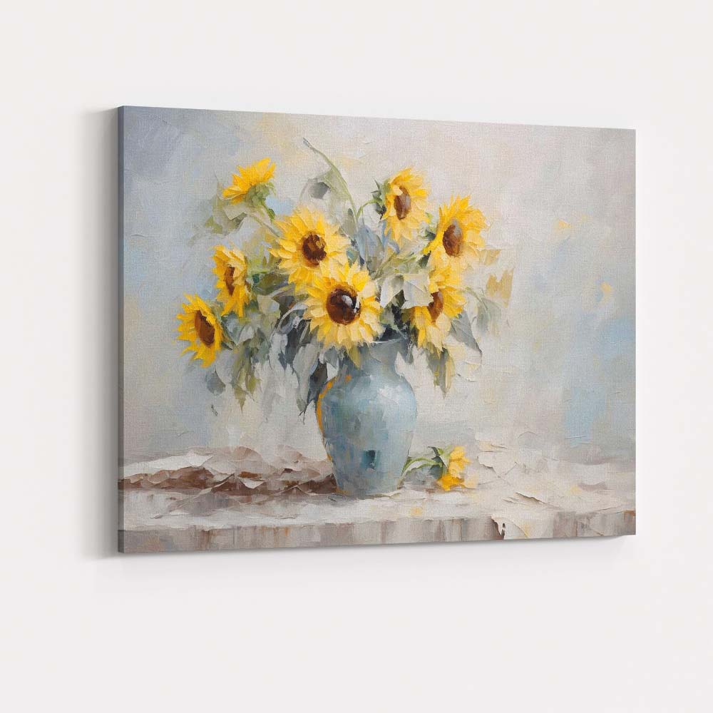 Soft Impressionist Yellow Sunflower Bouquet Blue Vase Floral Canvas Wall Art Print Decor Picture Ready to Hang
