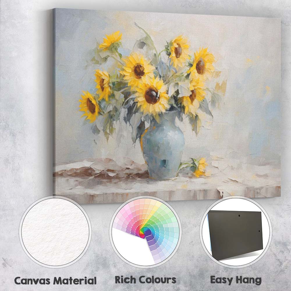 Soft Impressionist Yellow Sunflower Bouquet Blue Vase Floral Canvas Wall Art Print Decor Picture Ready to Hang