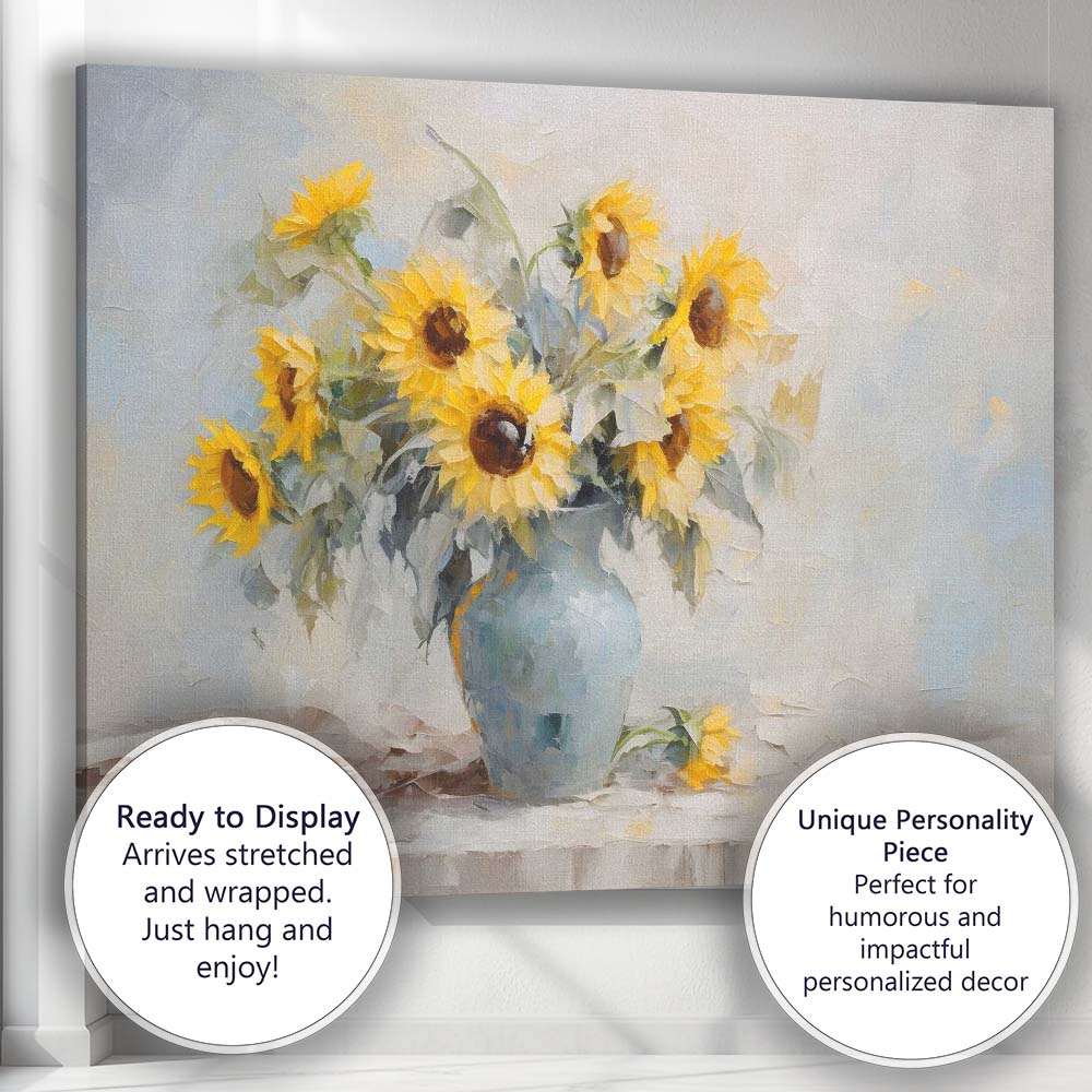 Soft Impressionist Yellow Sunflower Bouquet Blue Vase Floral Canvas Wall Art Print Decor Picture Ready to Hang