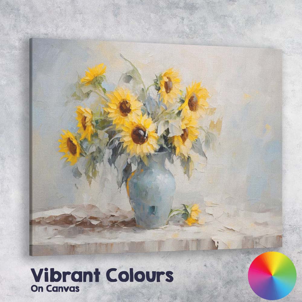 Soft Impressionist Yellow Sunflower Bouquet Blue Vase Floral Canvas Wall Art Print Decor Picture Ready to Hang